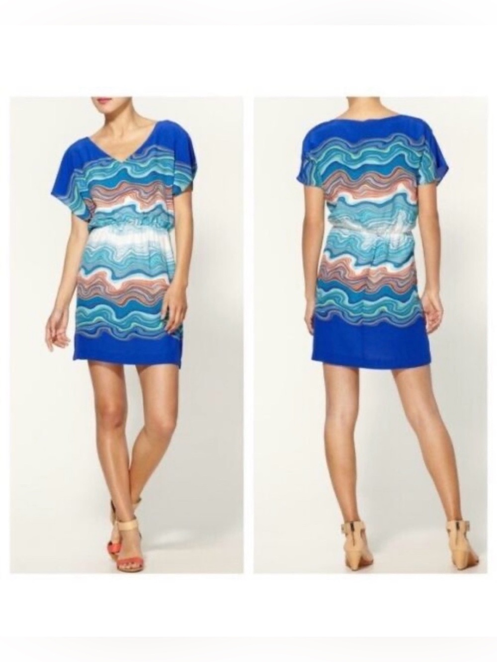 Trina Turk silk dress 4 mini Caspian agate swirl blue vneck resort caftan casual